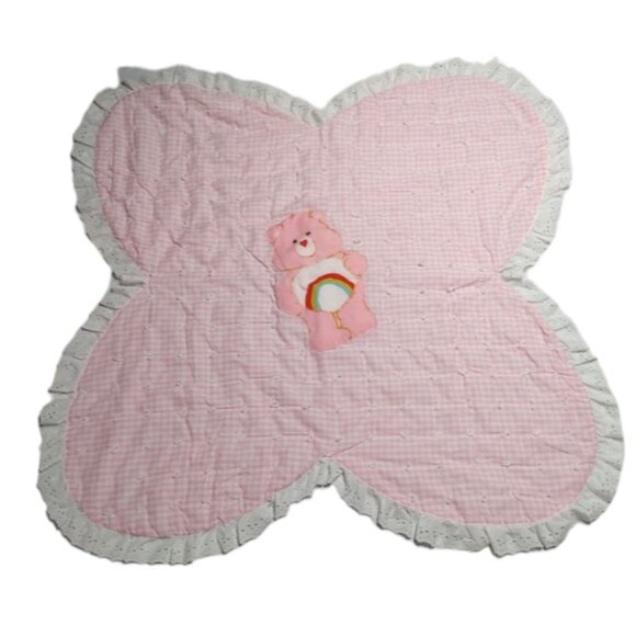 Vintage Care Bears Cheer Bear Applique Pink Gingham Lace Trim Baby Blanket